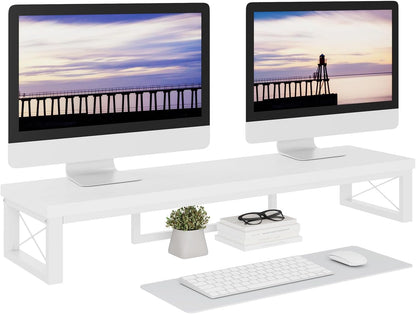 IBUYKE Large Dual Monitor Stand Riser for 2 Monitors, Wooden Desktop Computer Monitor Stand Storage Shelf and Steel Legs,Dual Screen Office Desk,Monitor Riser for Computer, Printer,Laptop,TV,Black UTDJ002B