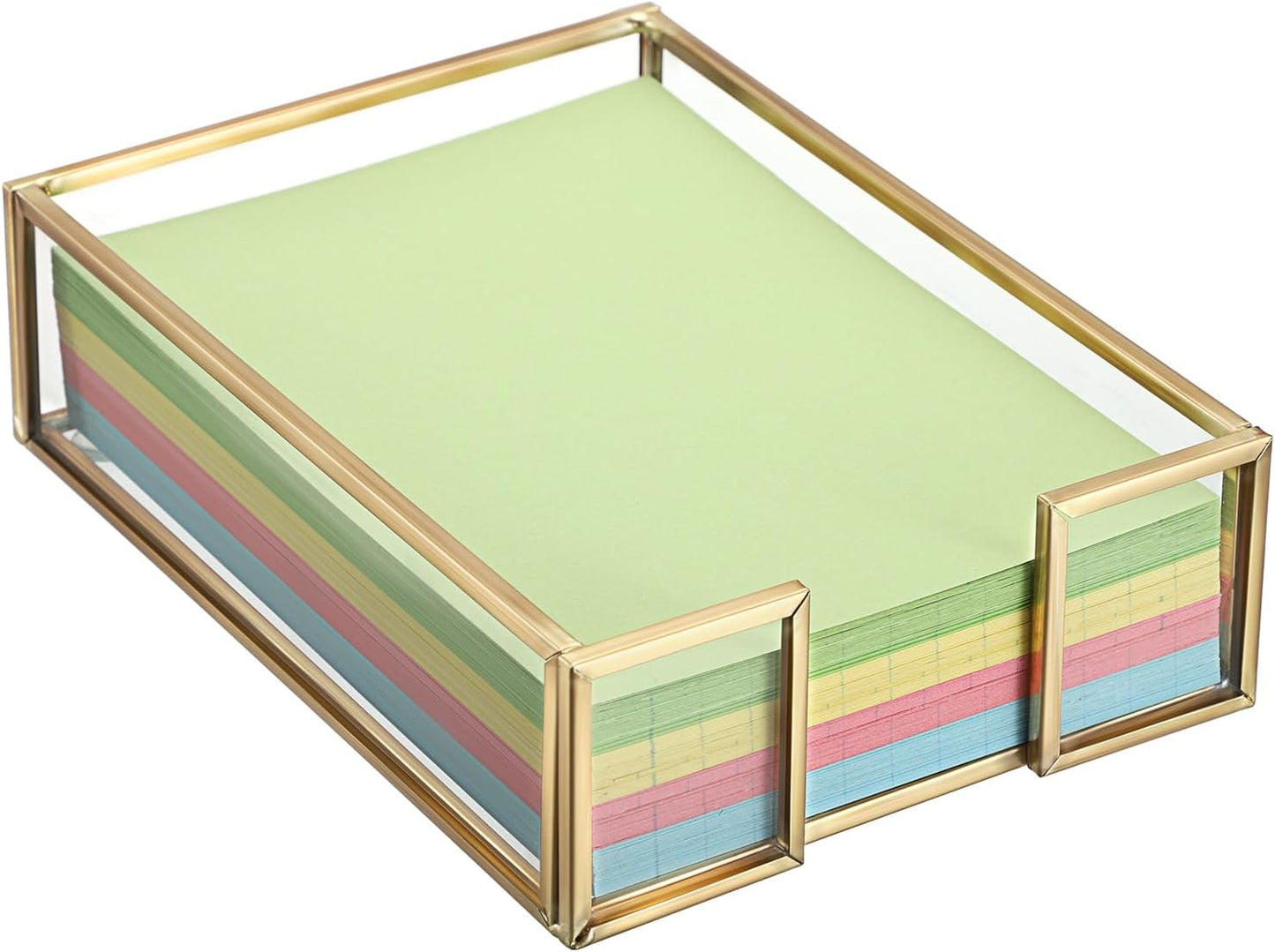 BTSKY Golden Glass 3x3 Inch Sticky Note Holder with Pen Slot, Elegant Post It Note Dispenser with Non-Slip Pads Clear Notepad Holder for Desk Organization Planning, Home Office Decor