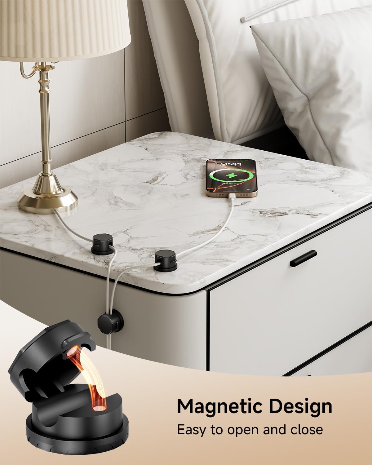 Cord Organizer Holder, 360° Rotatable Magnetic Cable Clips, Strong Adhesive Cable Management Desk Accessories, Adjustable Wire Organizer Hide Cords Neatly for Nightstand/Home/Kitchen/Office/Car