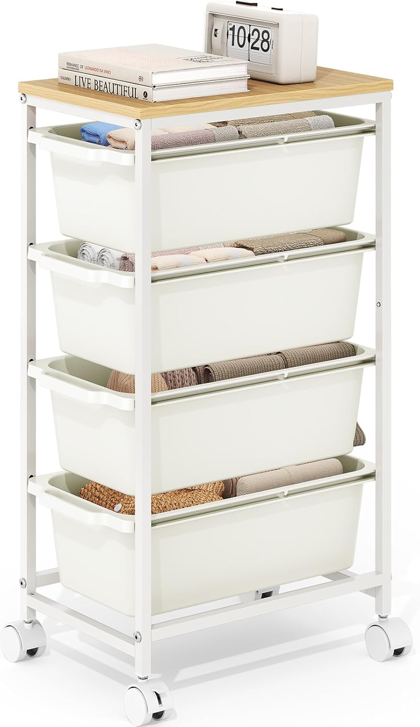 Rolling Storage Cart with 3 Drawers, Craft Organizer, Wooden Tabletop Utility Cart for Bedroom, Children's Room and Office Organization, Under Desk Trolley with Lockable Wheels,White