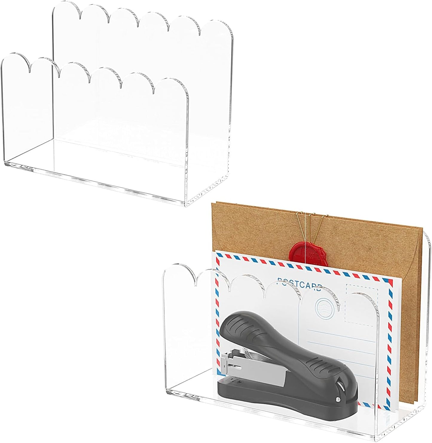 YAGELI 2 Pack 3-Slot Acrylic Mail Organizer for Desktop – Scalloped Clear Document Sorter, Vertical File Holder for Office/Home, Space-Saving Desk Organizer for Letters,Envelope,Bills,Stationery