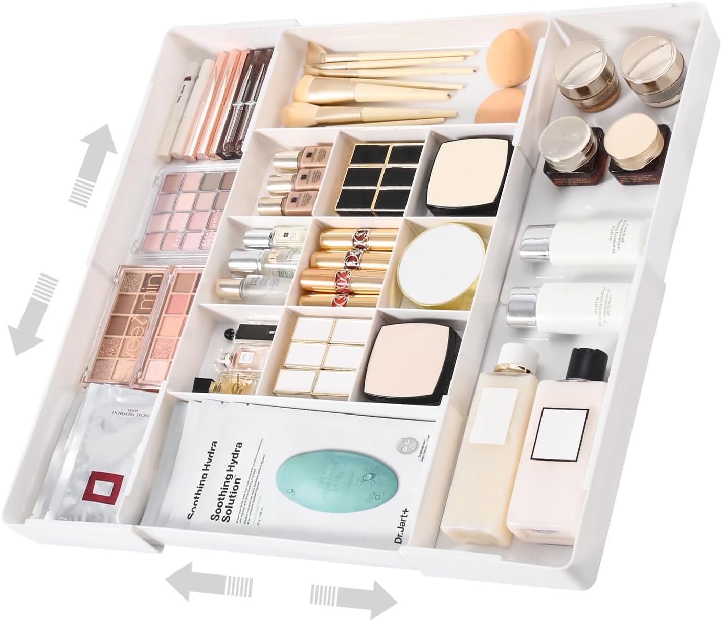 MIUOPUR Expandable Drawer Organizer, Width (10.6"-20.1") Depth (11"-20.1"), Clear Makeup Drawer Organizer with 6 Removable Dividers, Silverware Organizer, Great for kitchen and Bathroom Drawers