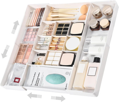 MIUOPUR Expandable Drawer Organizer, Width (10.6"-20.1") Depth (11"-20.1"), Clear Makeup Drawer Organizer with 6 Removable Dividers, Silverware Organizer, Great for kitchen and Bathroom Drawers