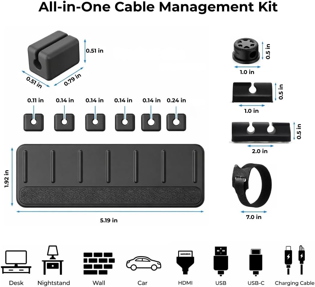 Magnetic Cable Organizer Kit (17-Piece) – Desk Cable Management Set with Magnetic Base & Adhesive Clips – Holds 6 Cables – Reusable Cable Ties for Office, Home & Gaming Setup