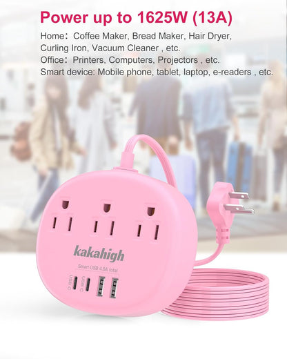 Pink Extension Cord with Surge Protected 1080J - 5 FT Kawaii Power Strip, 1625W Cute Extension Cord with 3 AC Outlet 4 USB (24W/4.8A), Compact for Cute Pink Kawaii Desk Home Essentials