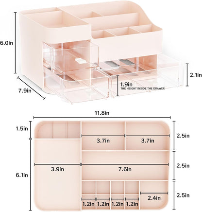 SuoXing White Make up Organizers for Vanity,Large Plastic Bathroom Counter Organizer With Drawers,Skincare Organizers and Cosmetic Storage for Dresser Top Skin Care,Beauty Products and Brush Holder