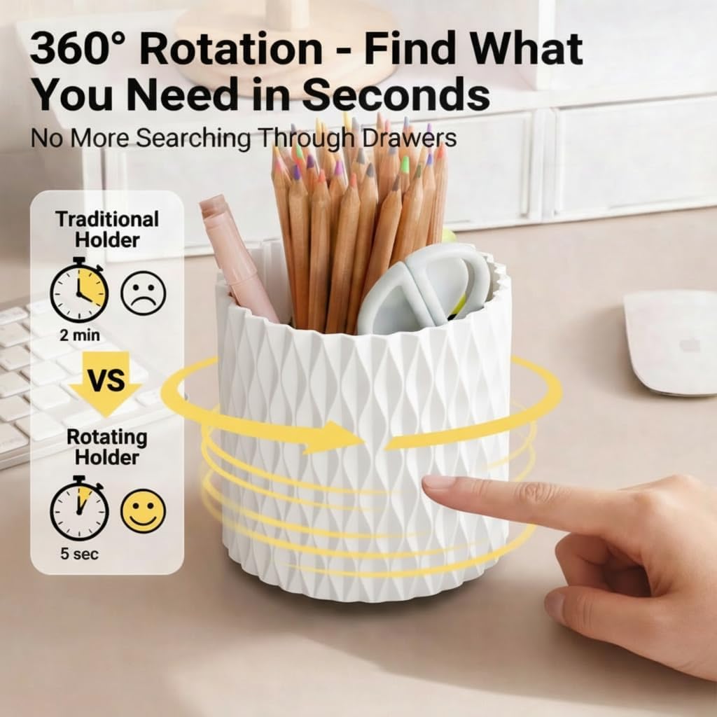 Black Pen Holder for Desk, 360° Rotating Pen Organizer with 5 Slots - Spinning Pencil Holder & Pencil Cup for Office, Art Supply, Makeup Brush - Desk Organizer for Home, School