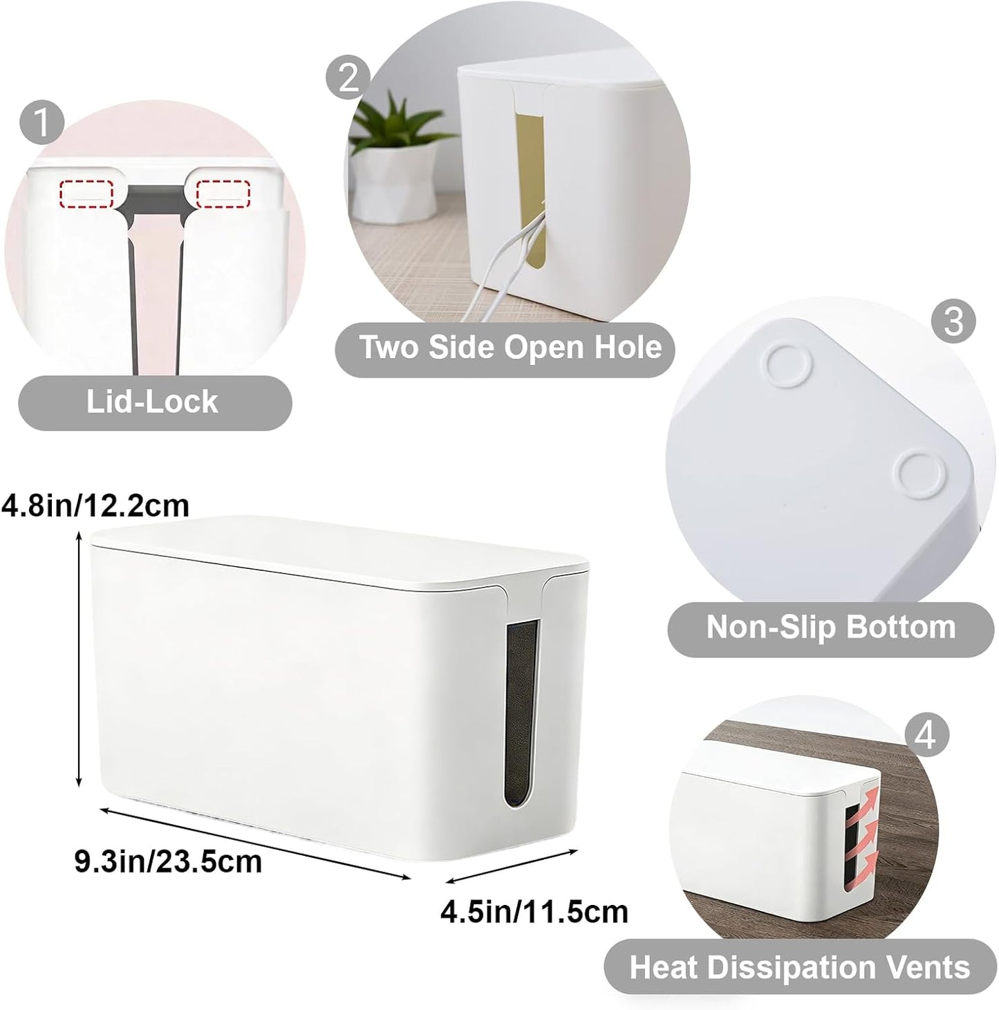Vehamljyn Cord Organizer Box Multi-Hole Shunt Design Large Cable Management Box Hide Power Strips & Cords for Home Office Living Room (White)