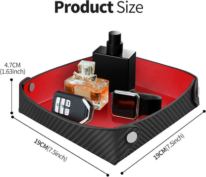 Leather Catchall Tray for Men, Valet Tray Organizer for Wallet, Keys, Accessories,Leather Carbon Fiber Desktop Storage Tray,Red