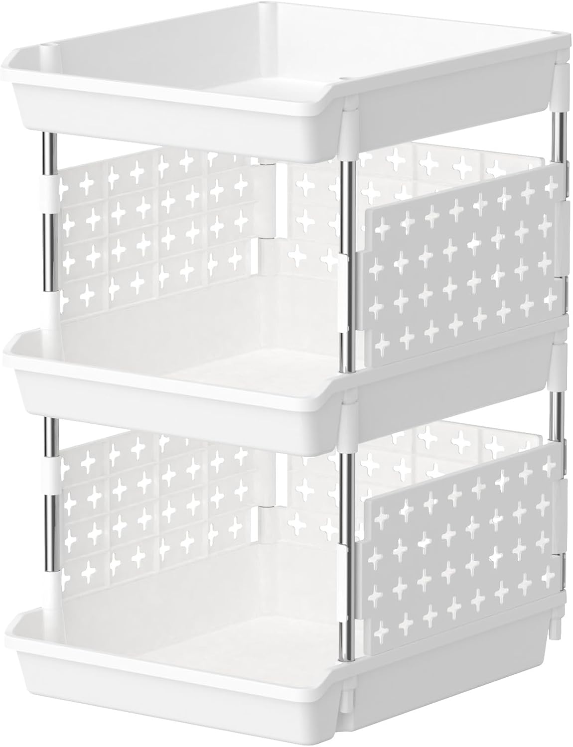 Lifewit Plastic Stackable Storage Baskets, 4 Tier Stacking Bins for Food and Clothes, Multifunctional Organizer for RV, Kitchen, Playroom, Pantry and Bathroom, 13.8"D x 11.8"W x 28.3"H, 1 Pack, White