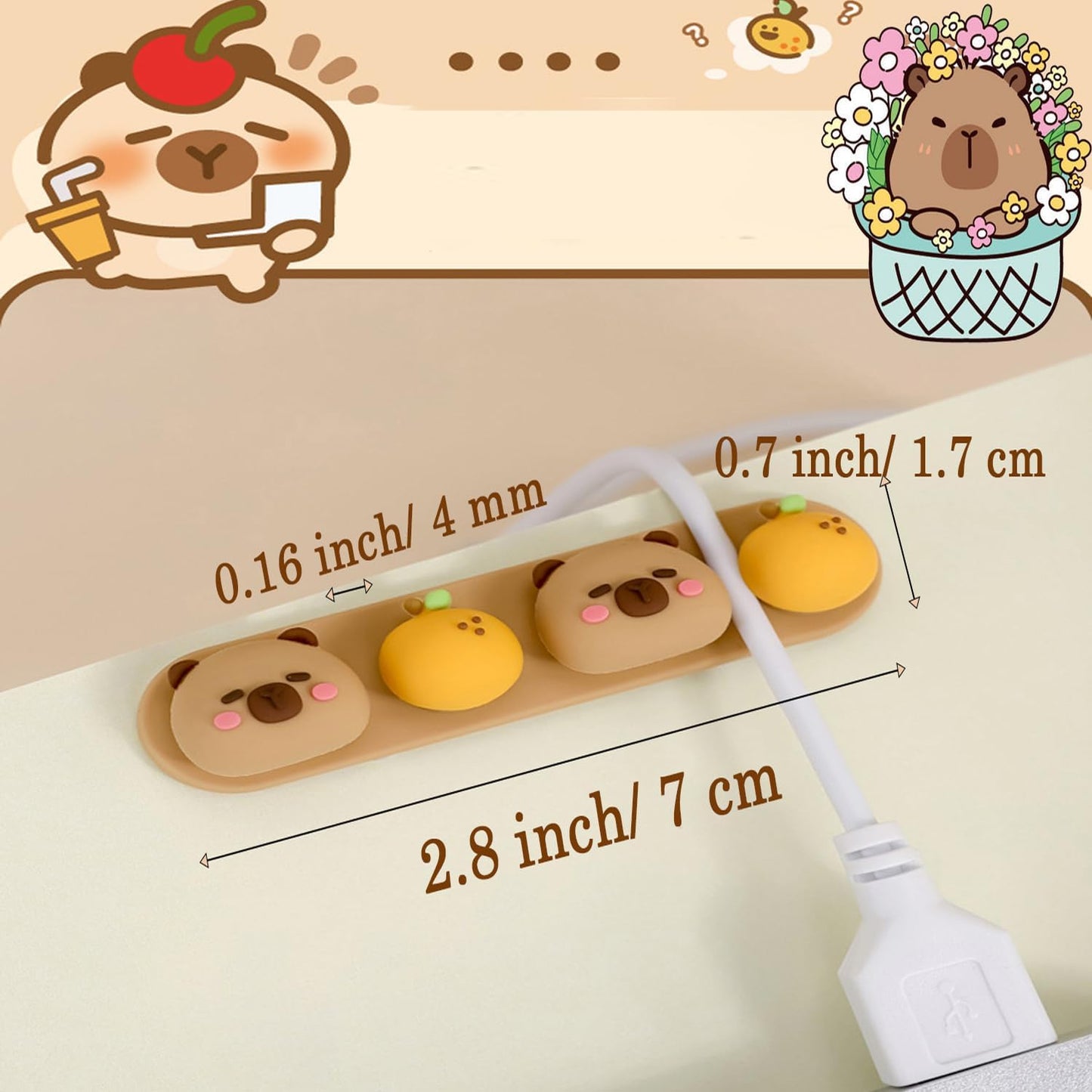 Capybara Cable Organizer, Adorable Animal-Shaped Cable Clips, Desk Cable Management Cord Holder for Home and Office, Cute Wire Clips for Headphones, Chargers, USB Cables (2-Pack)