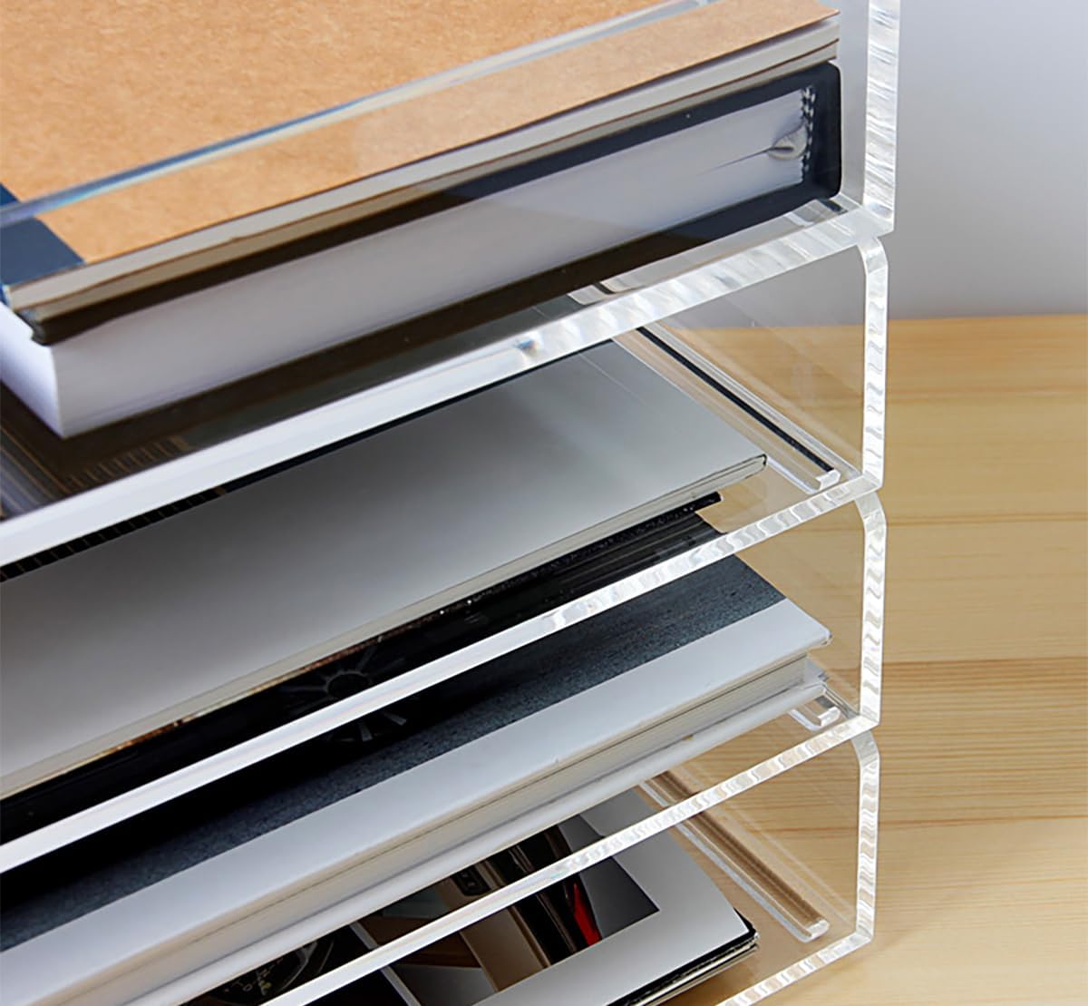 Elsjoy Set of 2 Acrylic File Tray, 2-Tier Stackable Paper Tray Clear Desktop File Organizer for Documents, Books, Magazine, Office, School