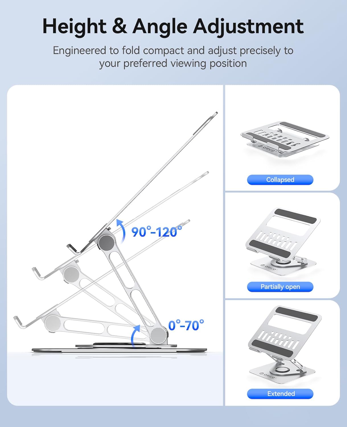 ORICO Adjustable Laptop Stand for Desk, 360° Rotating Base, Foldable Aluminum Alloy Computer Stand with Ventilated Design, Compatible with MacBook Air/Pro, Dell, XPS, HP up to 17'' - ST12, Silver