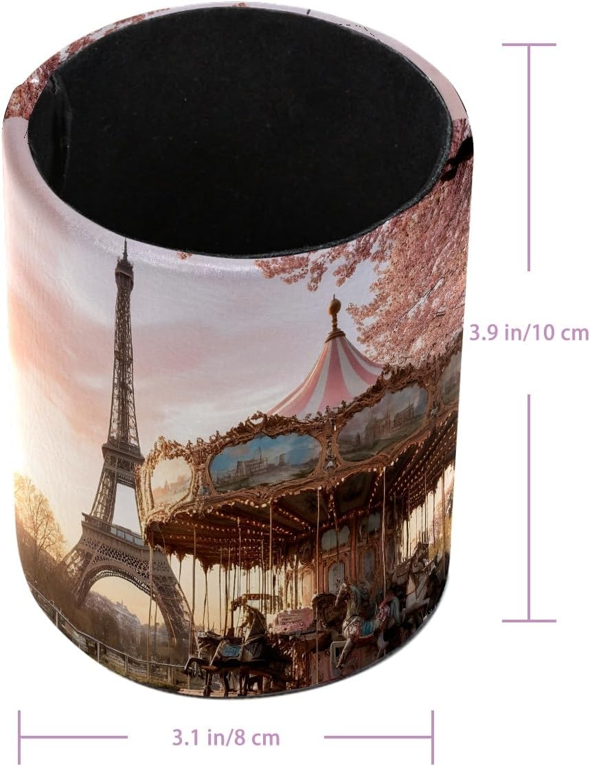 Leather Pen Holder for Desk, Love Cherry Pencil Organizer Pencil Cup Desk Decor Makeup Brush Holder Multifunctional Office Supplies for Home,Office, School