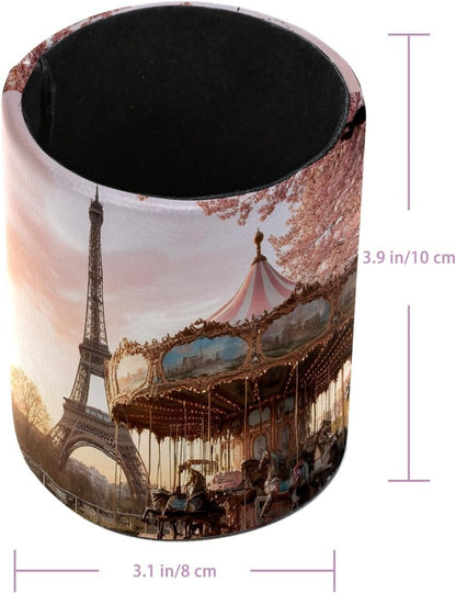 Leather Pen Holder for Desk, Love Cherry Pencil Organizer Pencil Cup Desk Decor Makeup Brush Holder Multifunctional Office Supplies for Home,Office, School