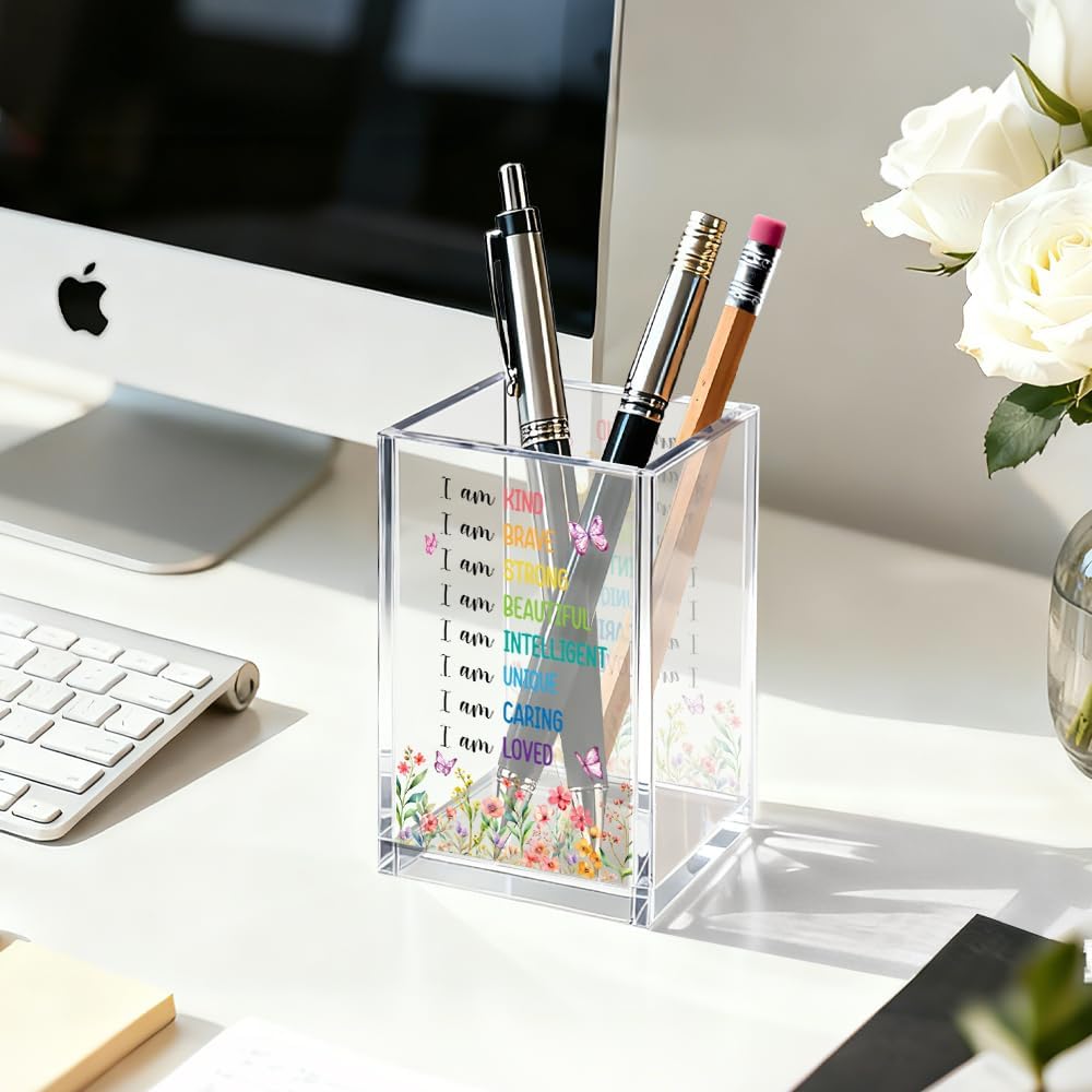 Just Breathe Acrylic Cosmetic Organizer Pen Holder, Anxiety Relaxing Acrylic Desk Holder Cup for Pen Pencil, Dandelion Desk Organizer, Mental Health Office Gifts for Coworker Leader Friend