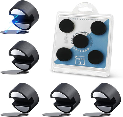 Maveek 5 Pcs Magnetic Cord Holder Cable Management, Strong Cable Clips Magnets Metal Plate, Adhesive Wire Organizers for Nightstand Desktop Wall Kitchen USB LAN (Black)