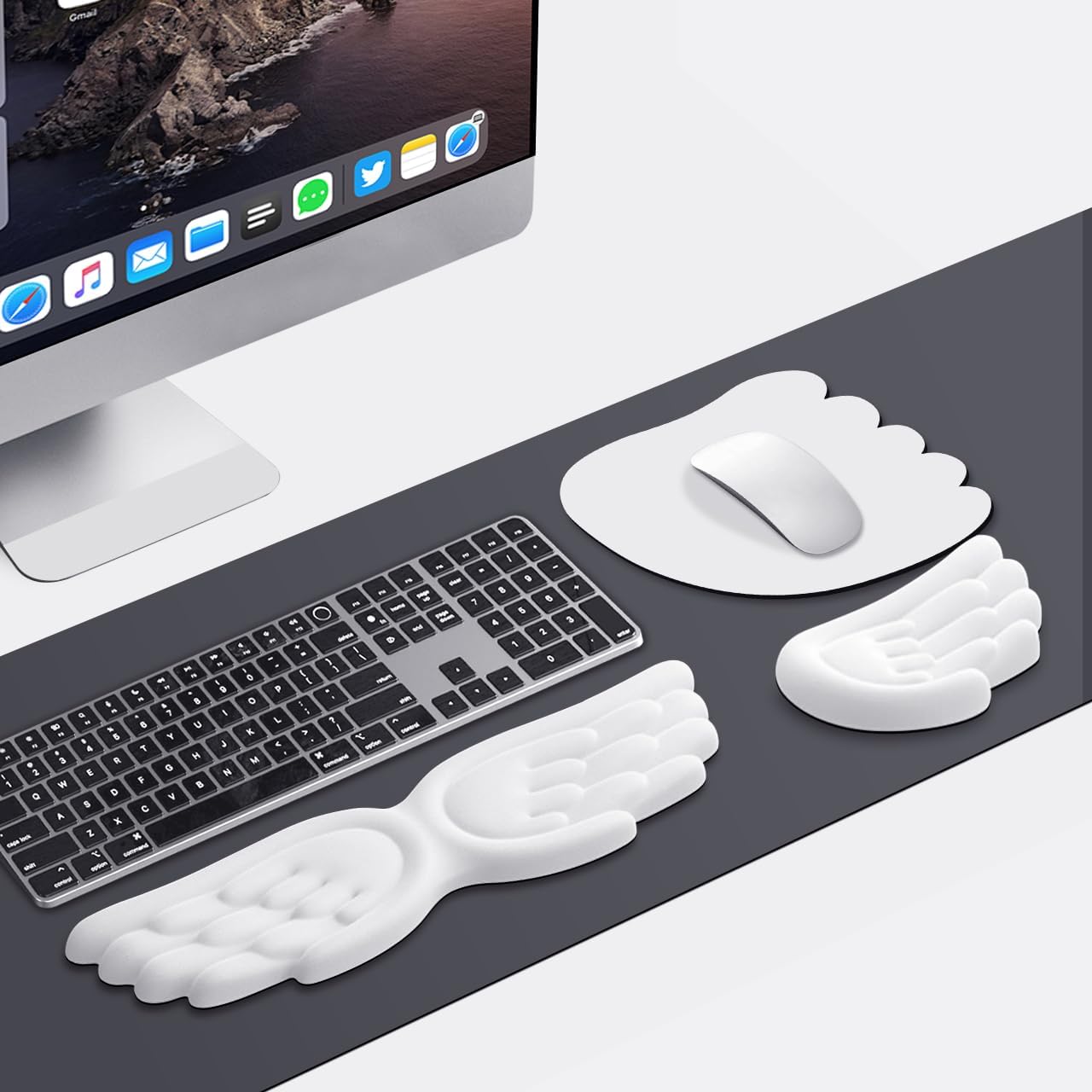 JIKIOU Angel Wing Wrist Rest Ergonomic Memory Foam Wrist Rest for Computer Keyboard Mouse Set, Cute Leather Keyboard & Mouse Support with PU Anti-Slip Base Waterproof White