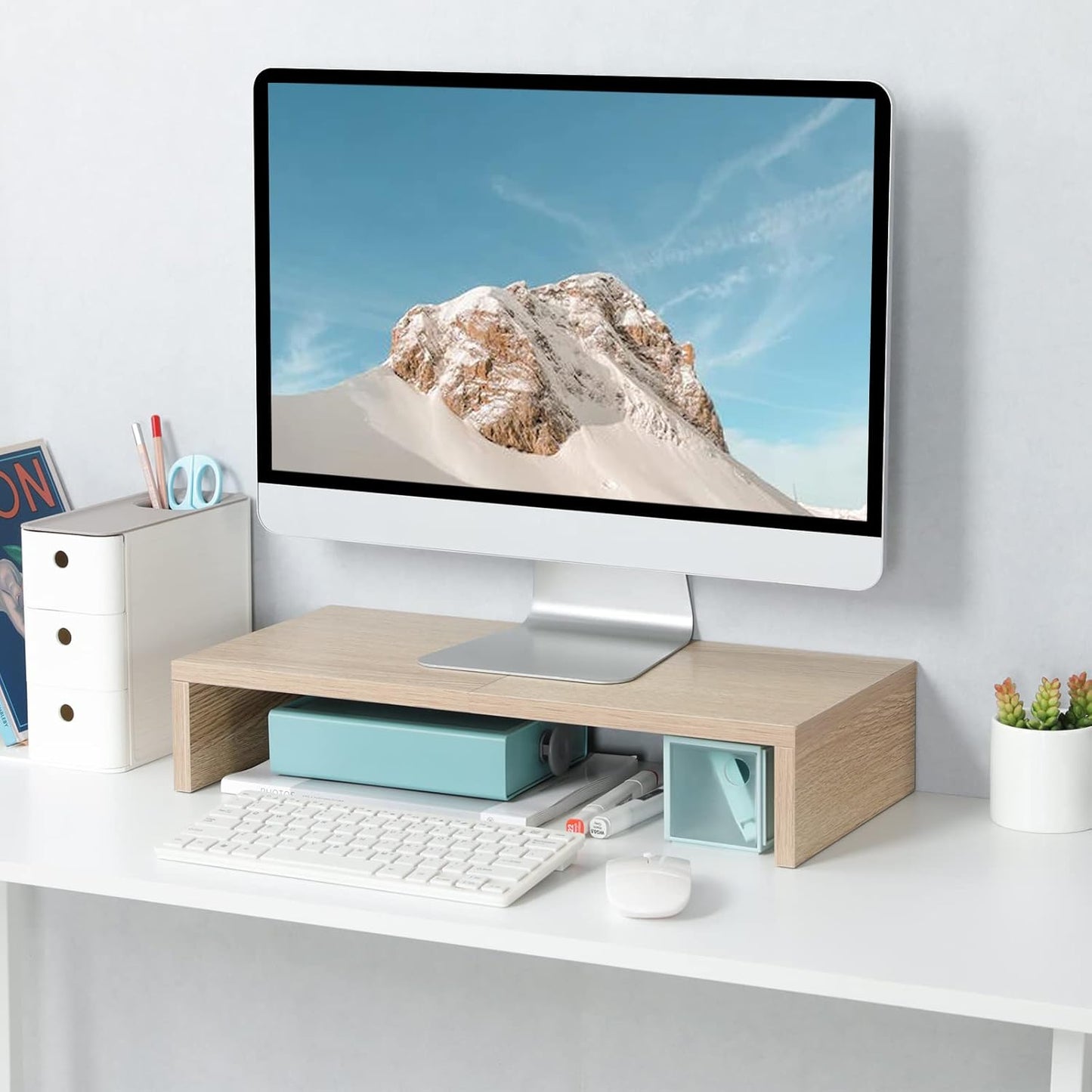 TEAMIX 20 inch White Monitor Stand Riser, Wood Desktop Stand for PC/TV/Laptop/Printer, White Monitor Riser with Storage, Computer Stand with Keyboard Organizer