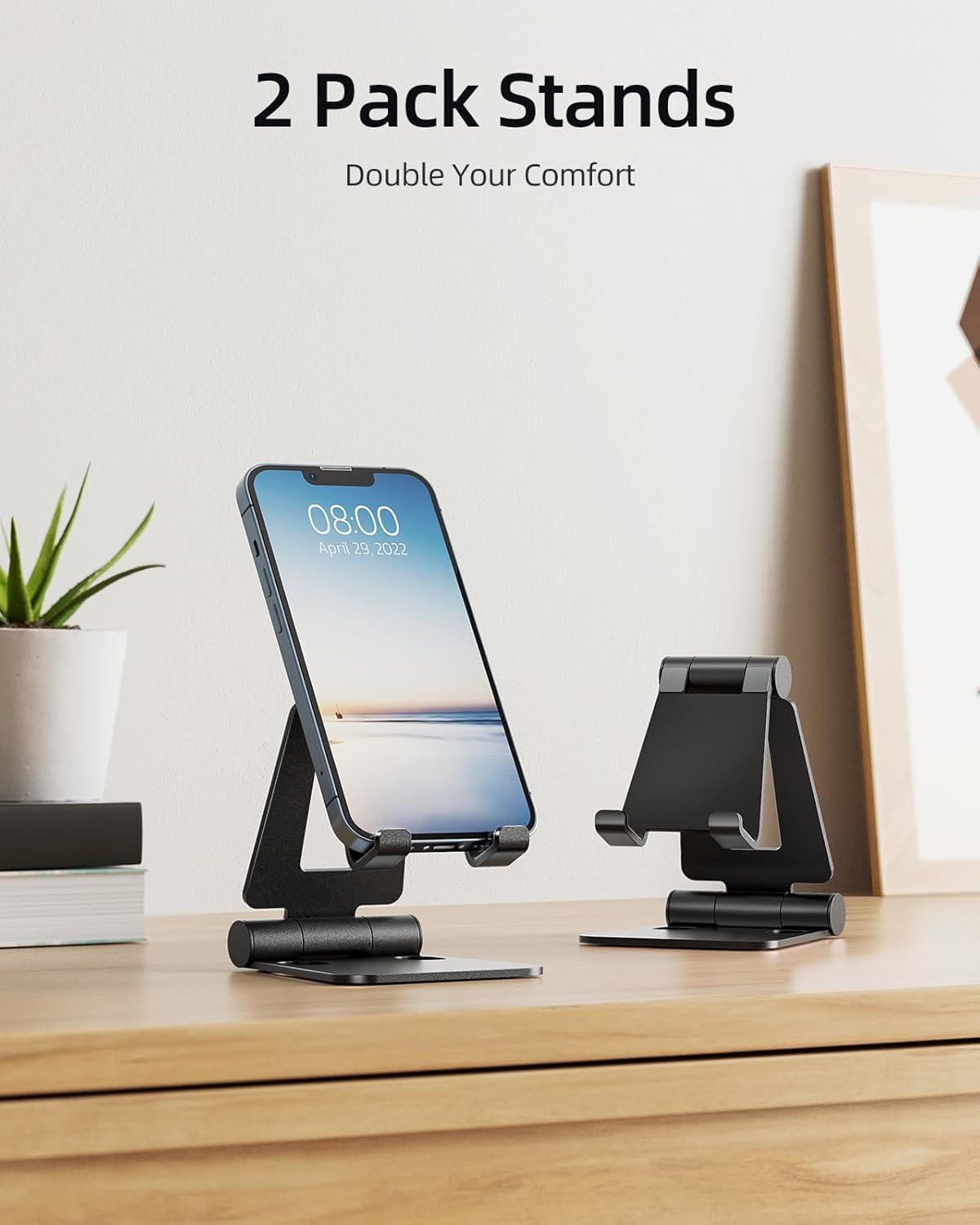 Nulaxy 2 Pack Fully Aluminum Dual Folding Cell Phone Stand, Adjustable Foldable Desktop Phone Holder for Desk Compatible with iPhone 17 16 15 14 13 12 11 Pro Max Xs Xr X 8, All Phones, Black & Silver