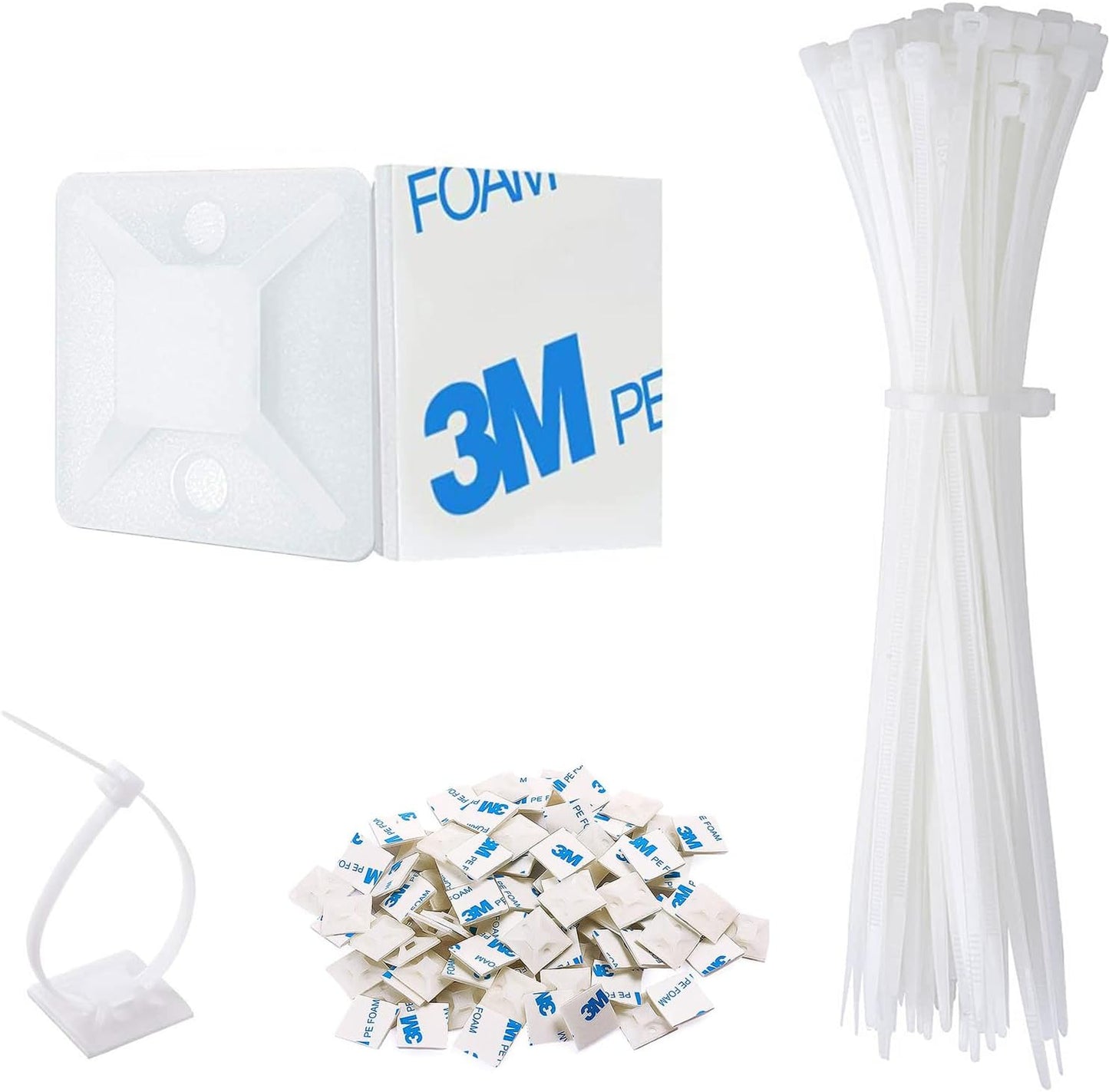 Strong Back-Glue Self Adhesive Cable Zip Tie Mounts Kit - 50 Set Cable Management Clips with 6" Zip Ties, Wire Holders - Outdoor Sticky Wire Organizer Clips-Black (50 Set, Black)