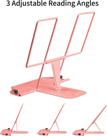 MSDADA Metal Book Stand for Desk, Adjustable Reading Rest Book Holder, Portable Cookbook Documents Holder, Sturdy Typing Stand for Recipes Textbooks Tablet Music Books with Page Clips (Macaron Pink)
