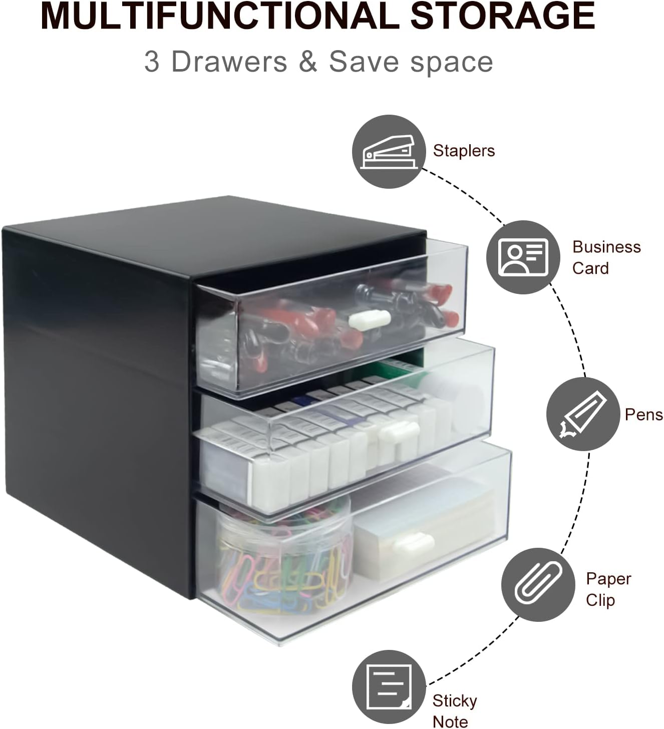 Desk Organizer with Drawer, Desk Storage Box, Plastic Office Stationery Supplies Organizers, Desktop Organizer for Office School Home (4 drawer, Black)