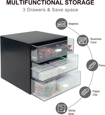 Desk Organizer with Drawer, Desk Storage Box, Plastic Office Stationery Supplies Organizers, Desktop Organizer for Office School Home (4 drawer, Black)