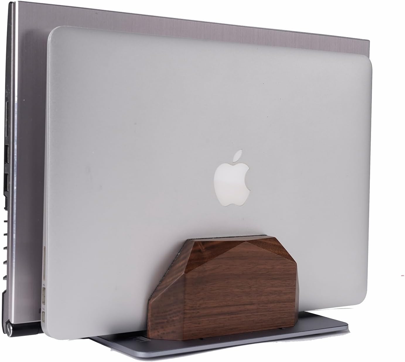 Walnut Wood Vertical Laptop Stand, Dual Slot Wooden Laptop Holder Vertical for Desk, Width Adjustable Dock Compatible with MacBook Pro and Universal Gaming Laptops