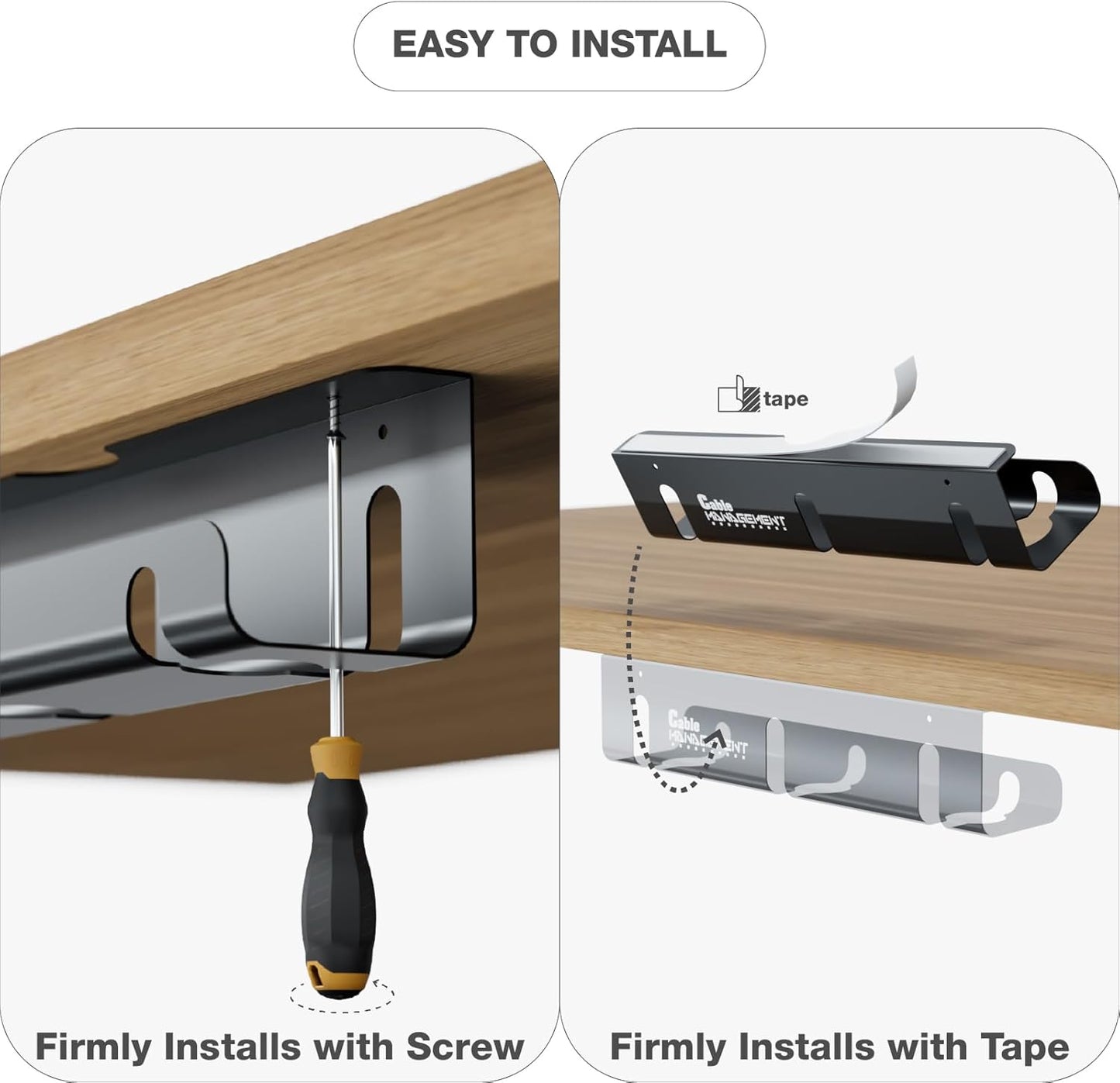 Under Desk Cable Management Tray, 2 Pack 16 Inch Black Metal Cord Organizer, No Drill Adhesive or Screw Mount for Glass/Marble/Office/Gaming Desk, Black