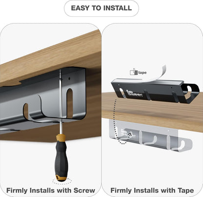 Under Desk Cable Management Tray, 2 Pack 16 Inch Black Metal Cord Organizer, No Drill Adhesive or Screw Mount for Glass/Marble/Office/Gaming Desk, Black