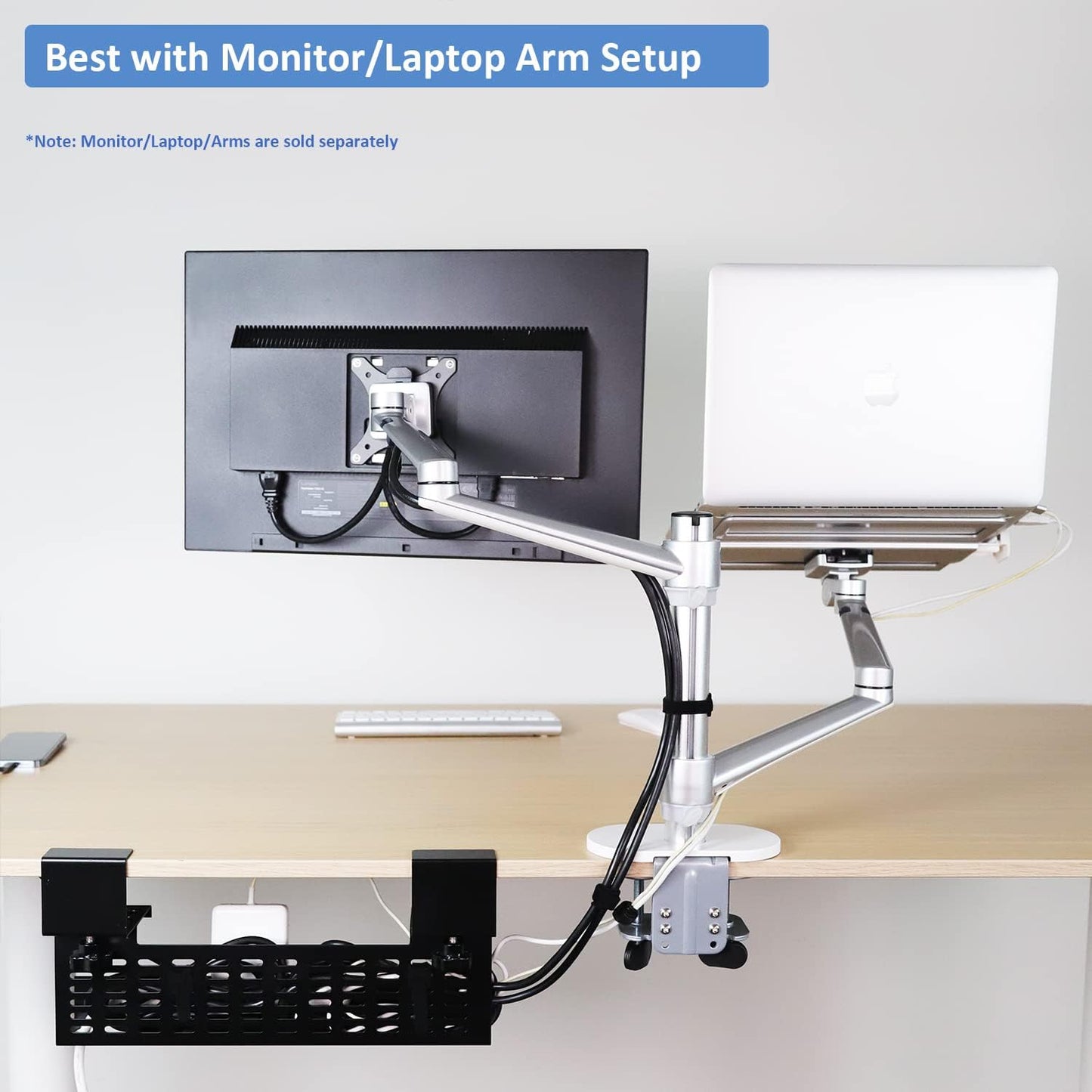 AEONS Under Desk Cable Management Tray Kit - Horizontal Adjustable up to 41” Removable C Clamp Mount Reversible Computer Cord Raceway and Modesty Panel for Large Table, Black