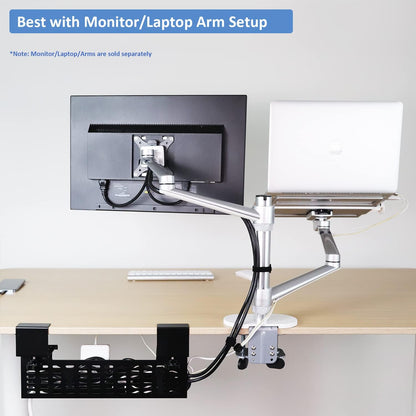 AEONS Under Desk Cable Management Tray Kit - Horizontal Adjustable up to 41” Removable C Clamp Mount Reversible Computer Cord Raceway and Modesty Panel for Large Table, Black