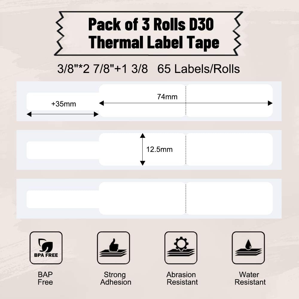 Phomemo D30 Label Maker Tape Cable Wire Label Tape, Black Print on White/Yellow/Red Sticker, 12.5mm x 74mm+35mm (3/8" x2 7/8"+1 3/8) Self-Adhesive Thermal Label Tape, 65-Tape/Roll, 3-Roll