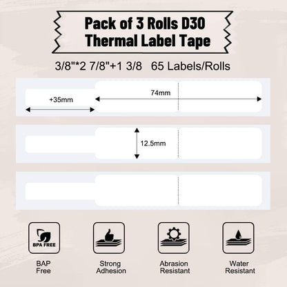 Phomemo D30 Label Maker Tape Cable Wire Label Tape, Black Print on White/Yellow/Red Sticker, 12.5mm x 74mm+35mm (3/8" x2 7/8"+1 3/8) Self-Adhesive Thermal Label Tape, 65-Tape/Roll, 3-Roll