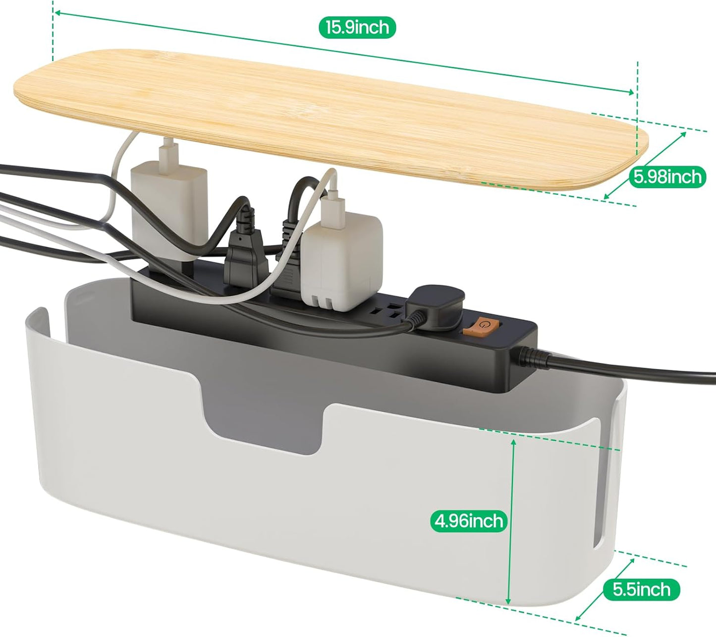 Large Cable Management Box - Cord Organize Box with Bamboo lid for Safe Home & Office, Cord Hider for Power Strip Under Desk, Cover TV Wires, Child & Pet Proof Cord Box, Black