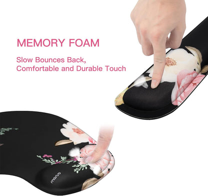 MOSISO Wrist Rest Support for Mouse Pad&Keyboard Set, Curved Peony Ergonomic Mousepad&Coaster Non-Slip Base Home/Office Pain Relief&Easy Typing Cushion with Neoprene Cloth&Raised Memory Foam, Black