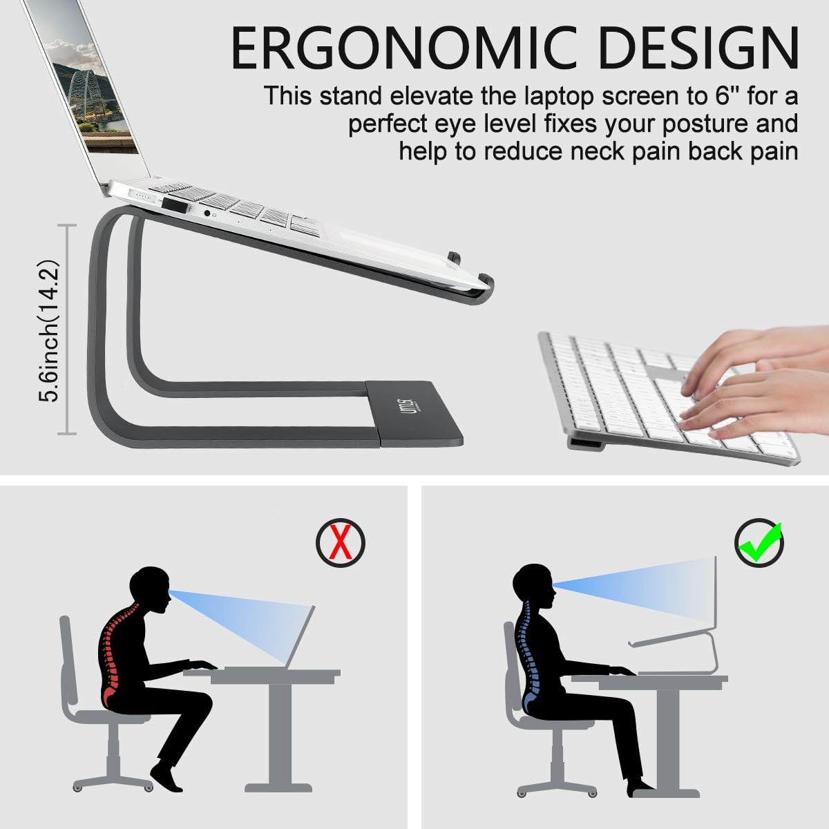 Urmust Adjustable Laptop Stand for Desk Aluminum Computer Stand for Laptop Riser Holder Notebook Stand Compatible with MacBook Air Pro Ultrabook All Laptops 11-17 inch (Black)