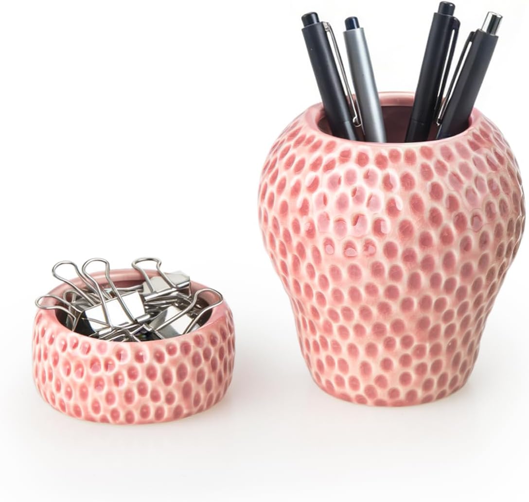 Ceramic Paper Clip Holder, Strawberry Pen Holder Set, Desktop Aesthetic Creative Storage Set of 2, Office Home Decor(Red)
