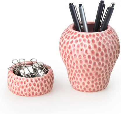Ceramic Paper Clip Holder, Strawberry Pen Holder Set, Desktop Aesthetic Creative Storage Set of 2, Office Home Decor(Red)