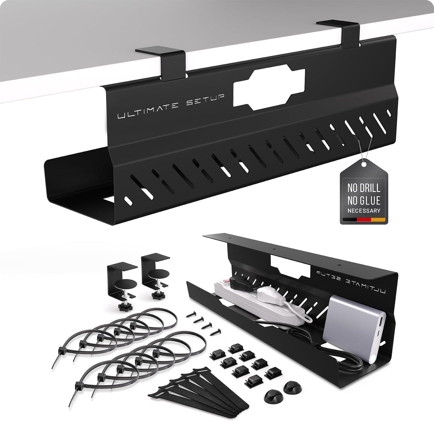 Under Desk Cable Management Tray no Drill – Wire Management - Cord Organizer – Huge Load Capacity – Under Desk Cable Tray no Drill (Black, 2 Pieces Set)