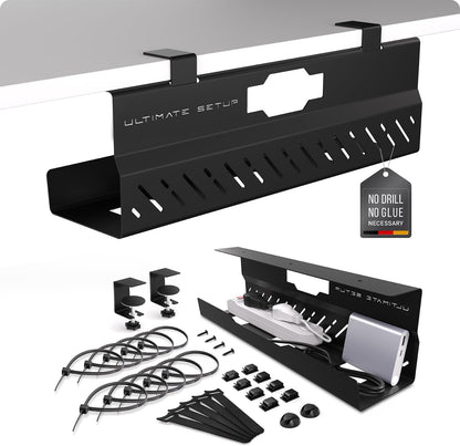Under Desk Cable Management Tray no Drill – Wire Management - Cord Organizer – Huge Load Capacity – Under Desk Cable Tray no Drill (Black, 2 Pieces Set)