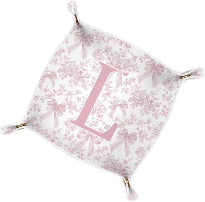 Gifts for Mom Initial Valet Tray,Pink Personalized Gifts for Women Mom Grandma Girlfriend,Nightstand Desk Accessories PU Leather Tray Organizer for Birthday Christmas Gift Ideas (B)