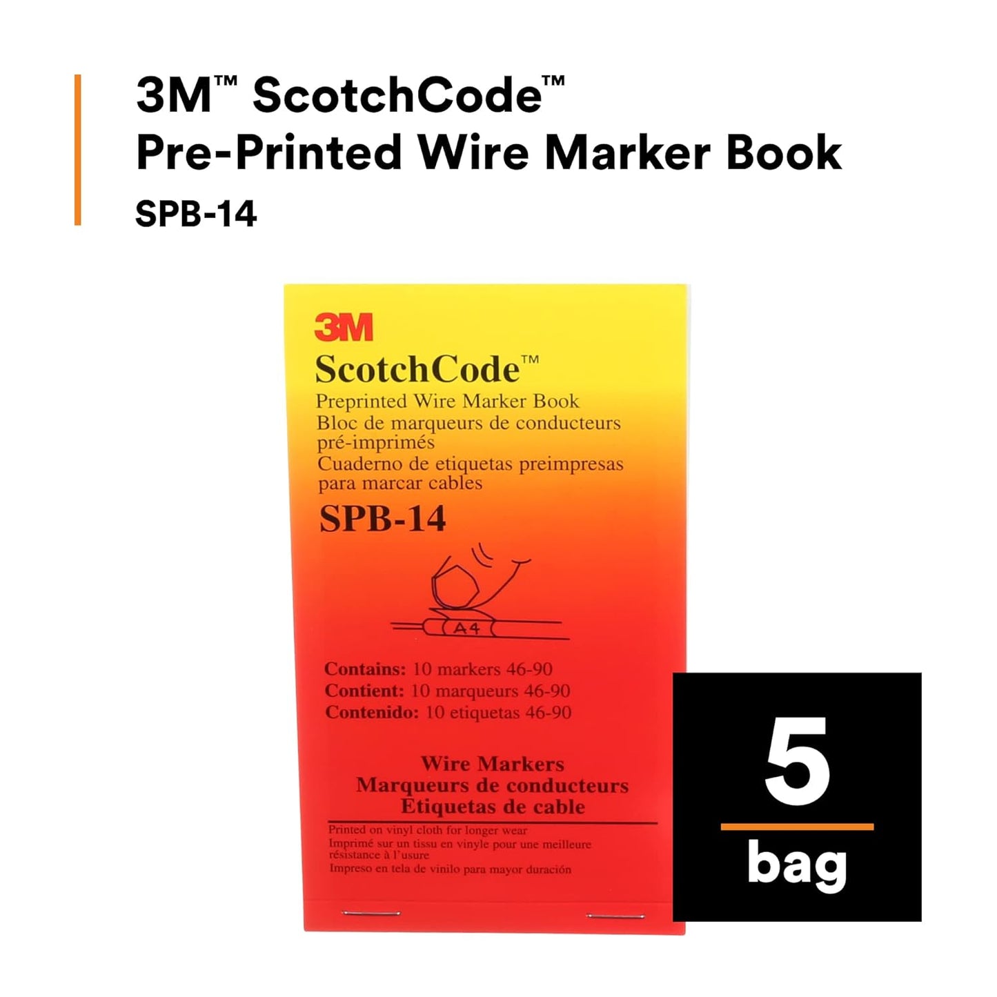 3M ScotchCode Pre-Printed Wire Marker Book SPB-03, Vinyl Coated, Black Printed Numbers (10) each 1–45, White Background Highlights Characters, 1 Book