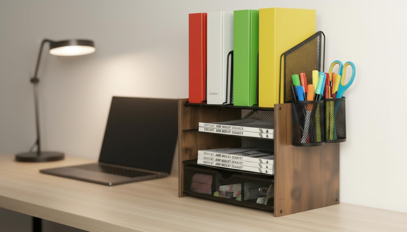 Wooden Desk Organizer - 4-Tier Desktop File Organizer with Drawer, Wooden Paper Tray, Vertical File Holders & 2 Pen Holders - Office Desk Organizer for Papers, Mail, Notebooks, Stationery
