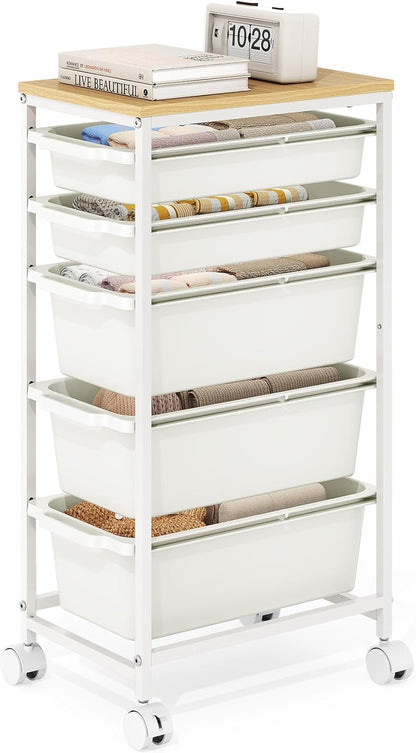 Rolling Storage Cart with 3 Drawers, Craft Organizer, Wooden Tabletop Utility Cart for Bedroom, Children's Room and Office Organization, Under Desk Trolley with Lockable Wheels,White