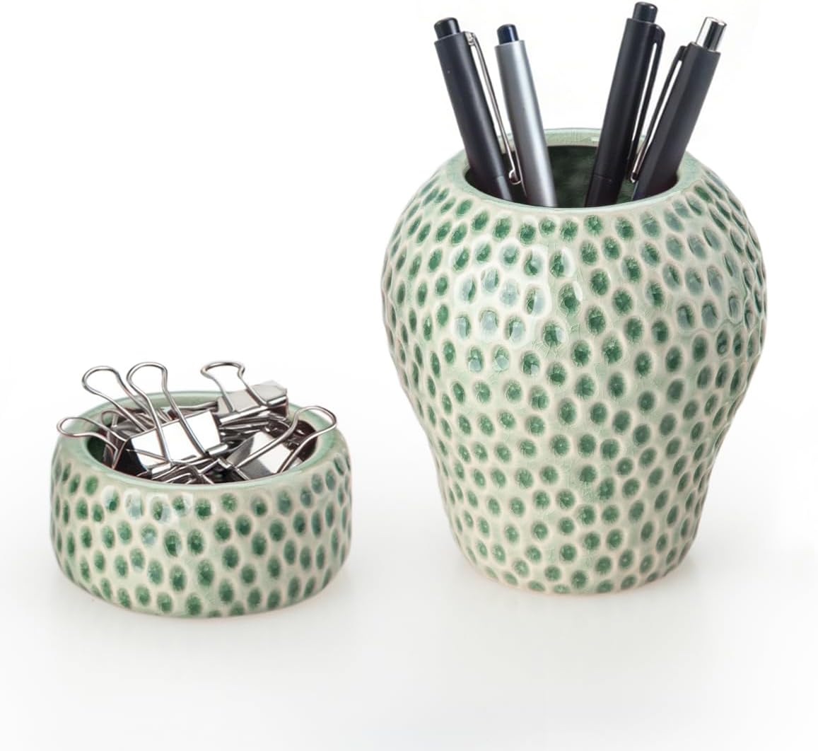 Ceramic Paper Clip Holder, Strawberry Pen Holder Set, Desktop Aesthetic Creative Storage Set of 2, Office Home Decor(Red)