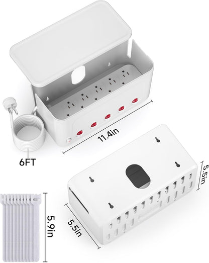 Surge Protector Power Strip with Cable Management Box,Cord Organizer Box with 10 Outlets and 3 USB Ports,Individual Switches,6 ft Flat Plug Extension Cord,Under-Desk and Desk Wire Storage Hider,White