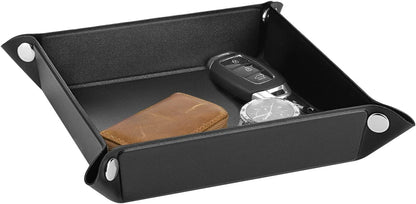 Luxspire Valet tray, PU Leather Tray, Catchall Tray, Men Women Jewelry Key Tray, Desk Storage Plate for Key Coin Phone Jewelry Wallet, Medium Size - Black