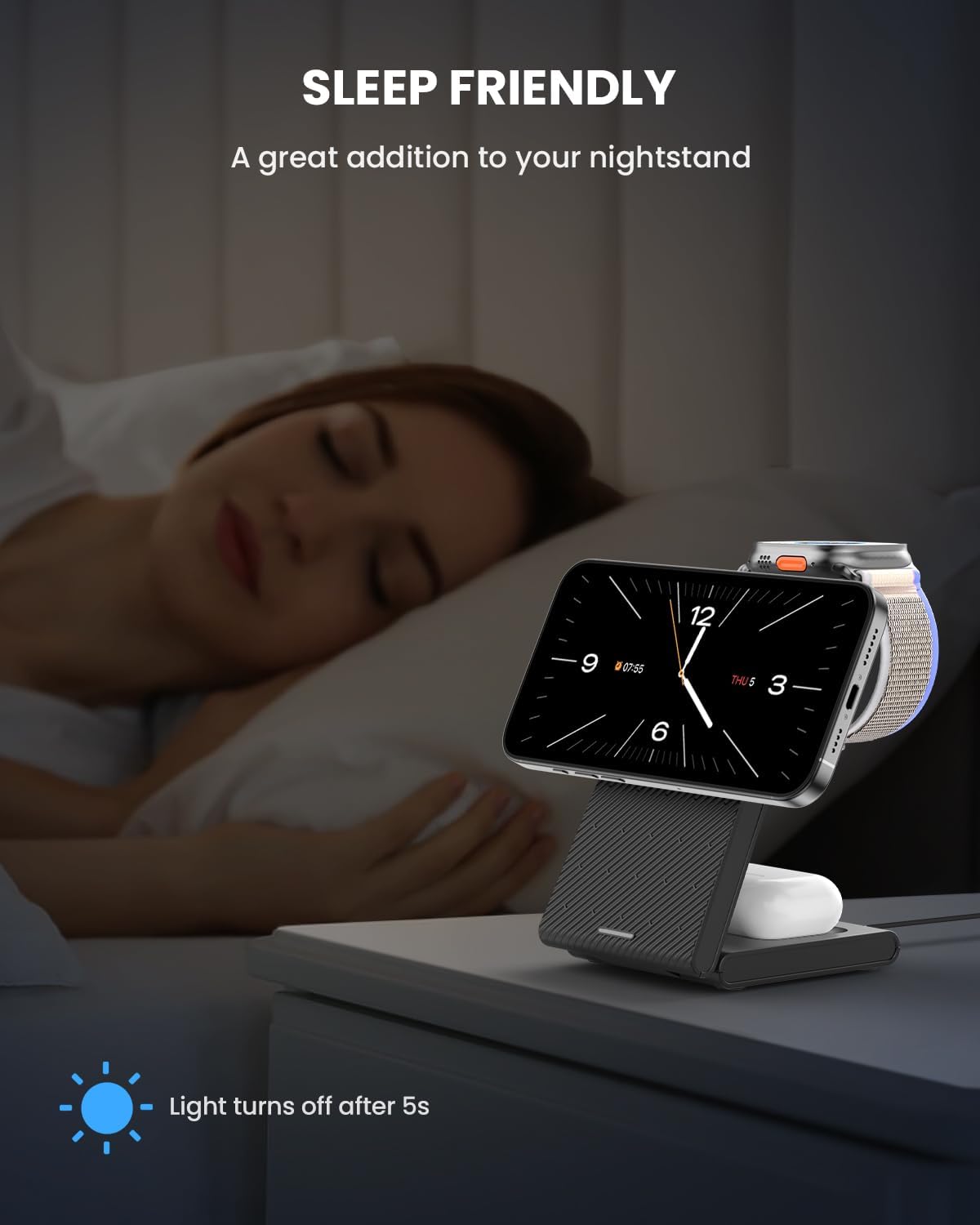 Charging Station for iPhone and Apple Watch: 3 in 1 Wireless Phone Charger Stand for iPhone 17 16 15 14 13 12 11 Pro Max & AirPods, Bedside Nightstand Docking